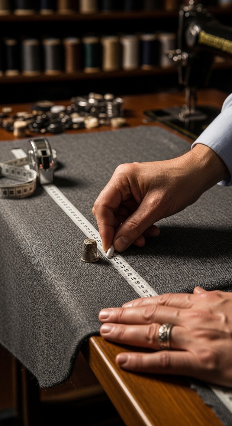 수선집에서 치수를 재고 있는 장인의 손길과 옷감