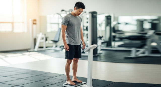 체중계 위에서 발을 올린 남성
