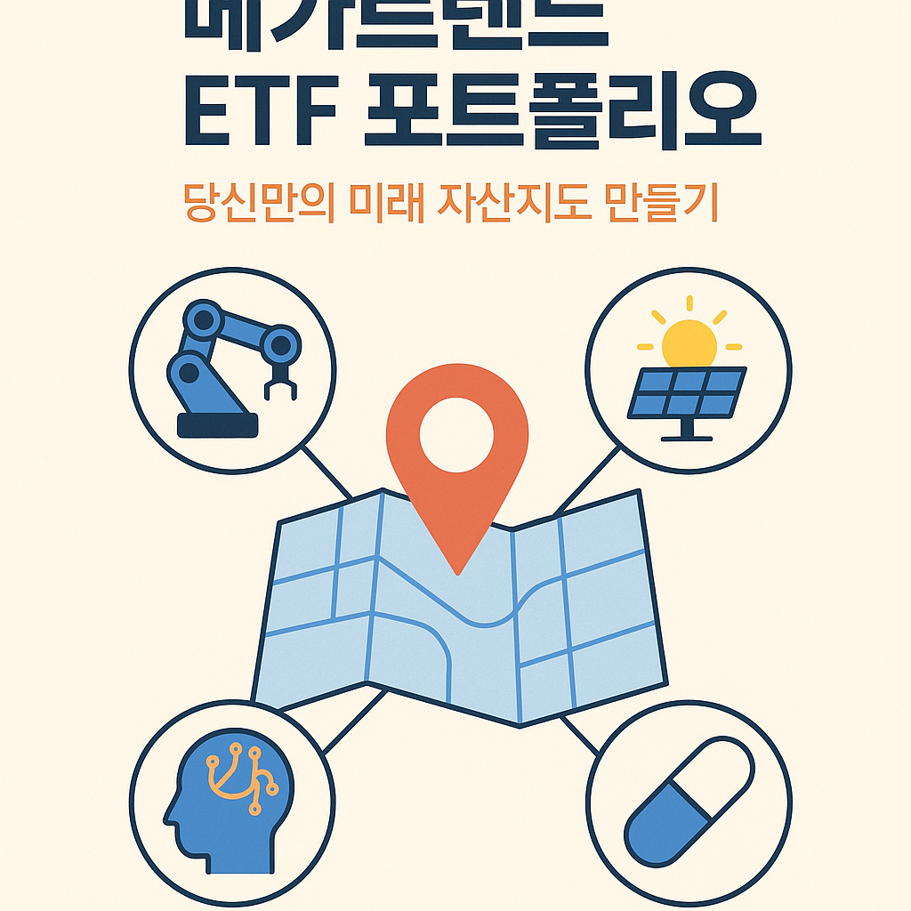 메가트렌드 ETF 포트폴리오 구성을 상징하는 썸네일 &ndash; AI, 로봇, 에너지, 헬스케어 등 미래 산업 아이콘이 통합된 플랫 스타일의 투자 지도 일러스트