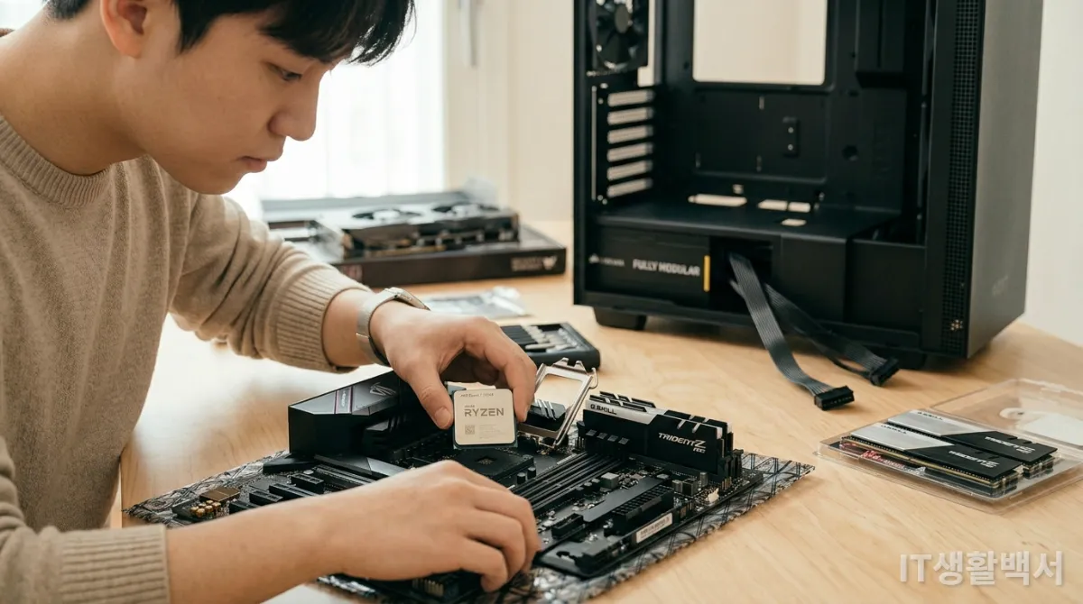 CPU, RAM, 파워서플라이 등 PC 부품 조립 과정을 보여주는 이미지