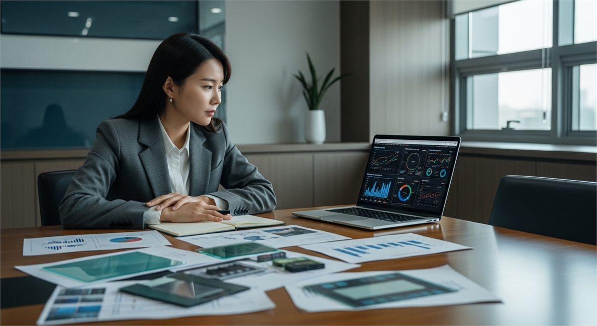 사무실에서 유리기판 관련주를 살펴보는 투자자 분위기 