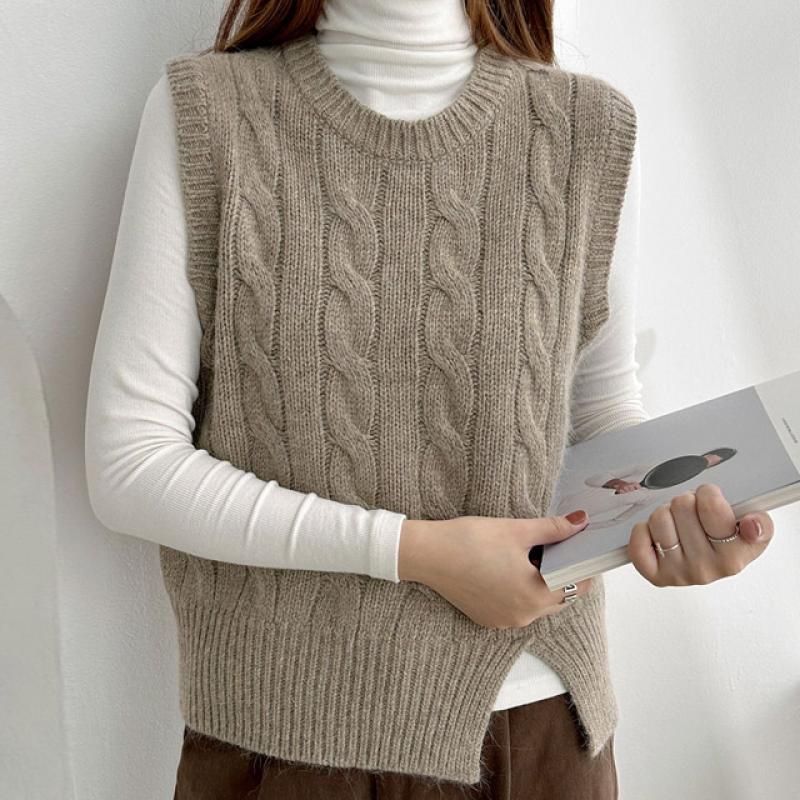 삐까삐까 고퀄 울 앙고라 꽈배기 옆트임 라운드 니트 조끼