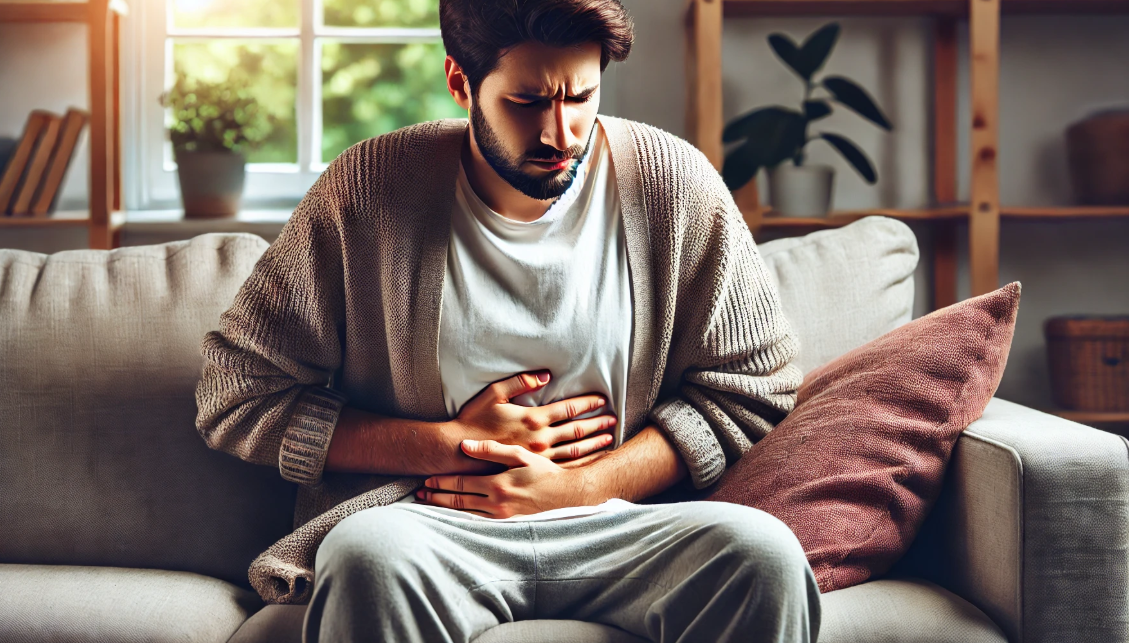 배가 아파서 부여잡고 불편해하는 남자 사진