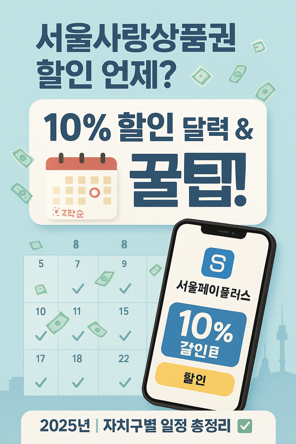 2025년 달력에 서울사랑상품권 할인 일정이 표시되어 있으며, 서울페이플러스 로고와 '10% 할인' 문구가 강조된 이미지. 각 자치구별 할인 날짜와 구매 팁을 제공하는 가이드임을 시각적으로 표현함.