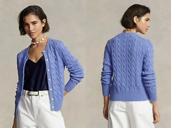 폴로 가디건으로 심플한 코디에 화려한 색상 포인트를 주고 있다.