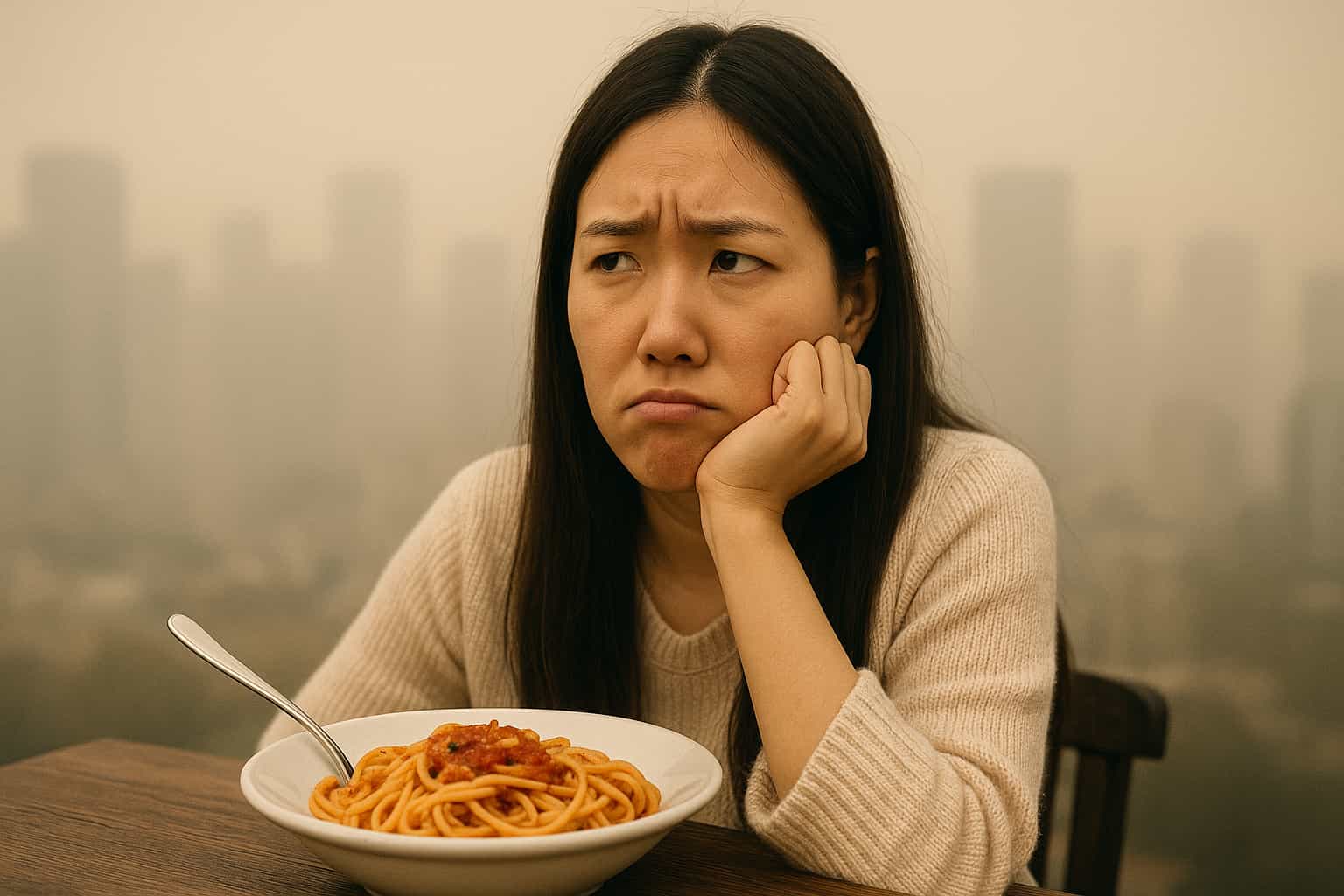 미세먼지 속 식욕 잃은 여성 이미지