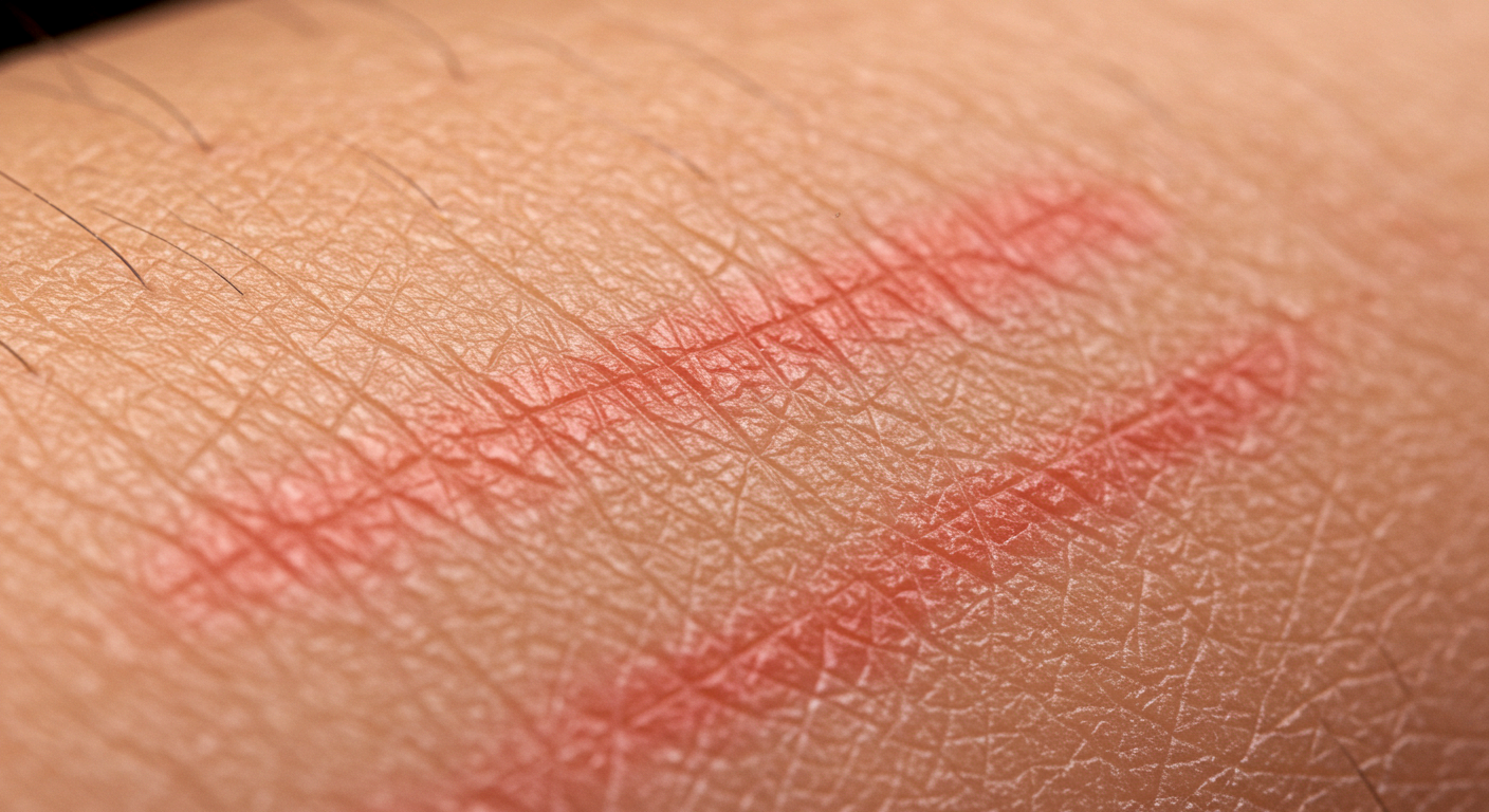 피부묘기증 증상, 긁으면 붉은 줄기 생깁니다