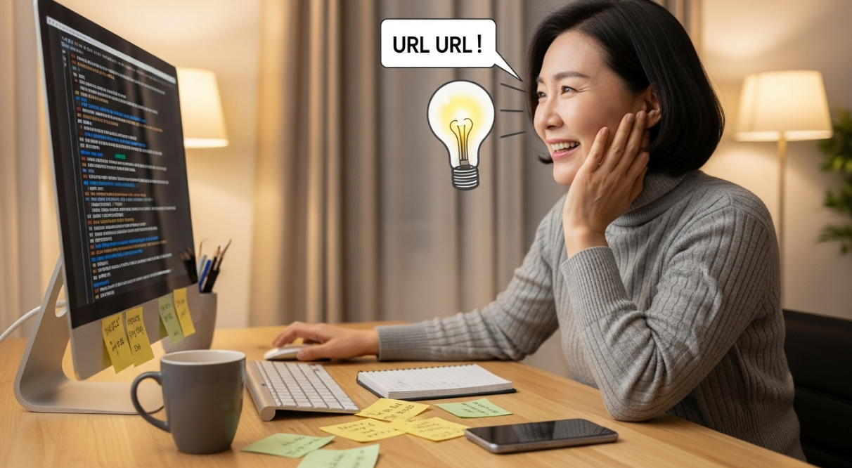 50대 초보 블로거, URL 문제로 좌절하다가 깔끔한 단축 URL 아이디어를 얻고 환하게 웃는 한국인 여성의 모습.
