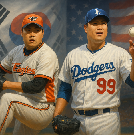 KBO 한화 이글스 유니폼과 MLB의 LA다저스 유니폼을 입은 류현진 선수