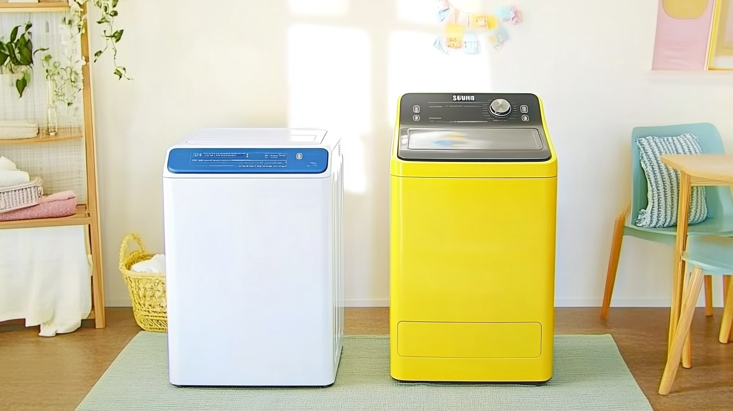 드럼형과 통돌이형 세탁기를 비교, 밝은 조명의 방에서 삼성의 세련되고 현대적인 디자인을 강조하는 장면