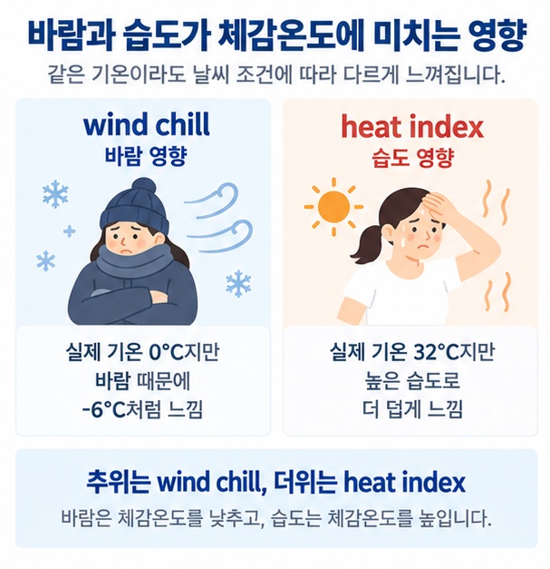 추운 날 wind chill과 더운 날 heat index가 각각 바람과 습도의 영향을 반영한다는 이미지