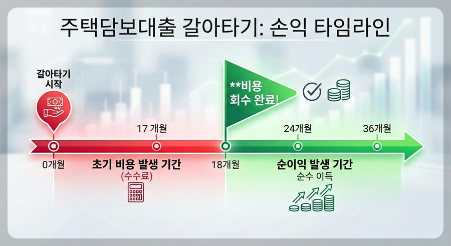 주담대 갈아타기 0.5%p 인하 시 수수료 회수 손익 타임라인 비교