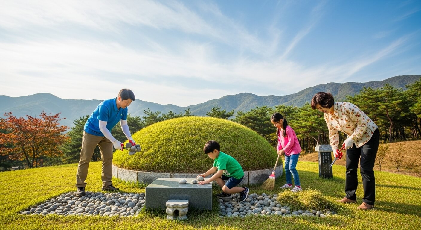 가족이 함께 봉분 묘소 주변을 청소하며 벌초하는 장면