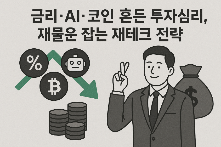 글로벌 금융시장에서 투자심리를 상징하는 차트와 코인, AI 아이콘 이미지