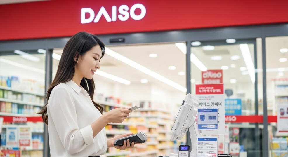다이소 매장 앞에서 카드 결제 중인 여성
