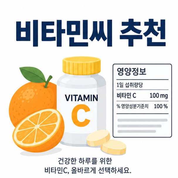비타민 C 정제와 과일 아이콘을 배경으로 비타민씨 추천이라는 글자가 중앙에 놓인 교육용 인포그래픽