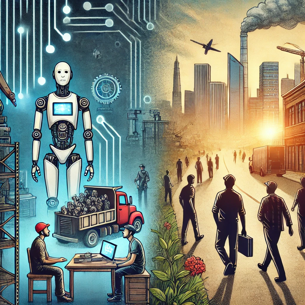 AI로 인해 일자리를 잃은 사람들이 황량한 거리를 걸어가는 모습과, 반대쪽에서는 AI로 인해 새롭게 생긴 일자리에서 일하는 사람들