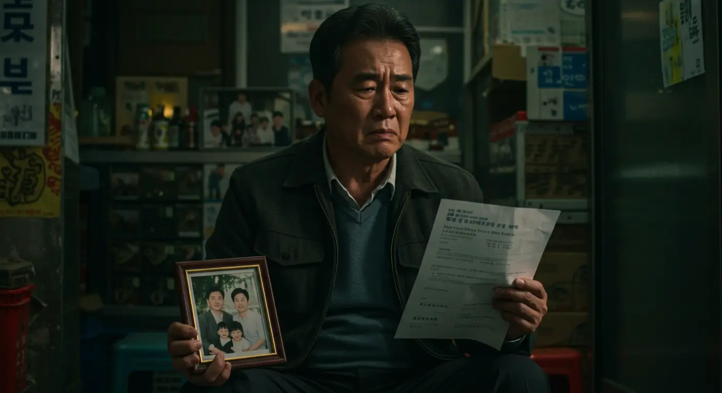 가족사진과 사업자 대출 서류를 보며 용도 외 사용을 고민하는 한국인 자영업자