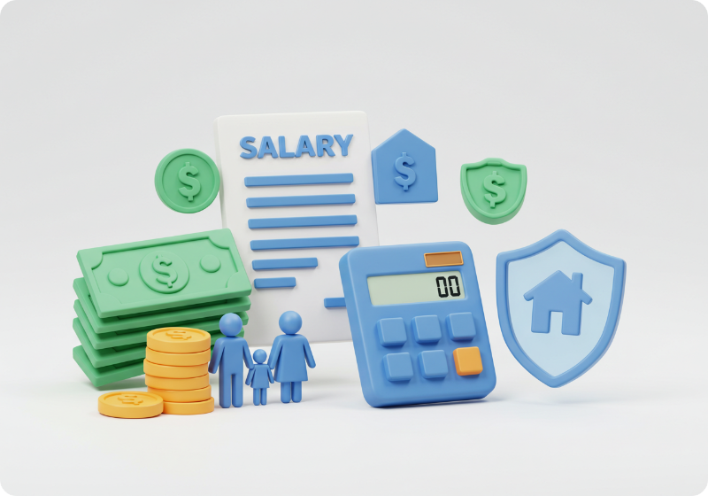 육아휴직급여 계산기와 정부 문서, 가족 보호 방패를 포함한 3D 금융 일러스트레이션