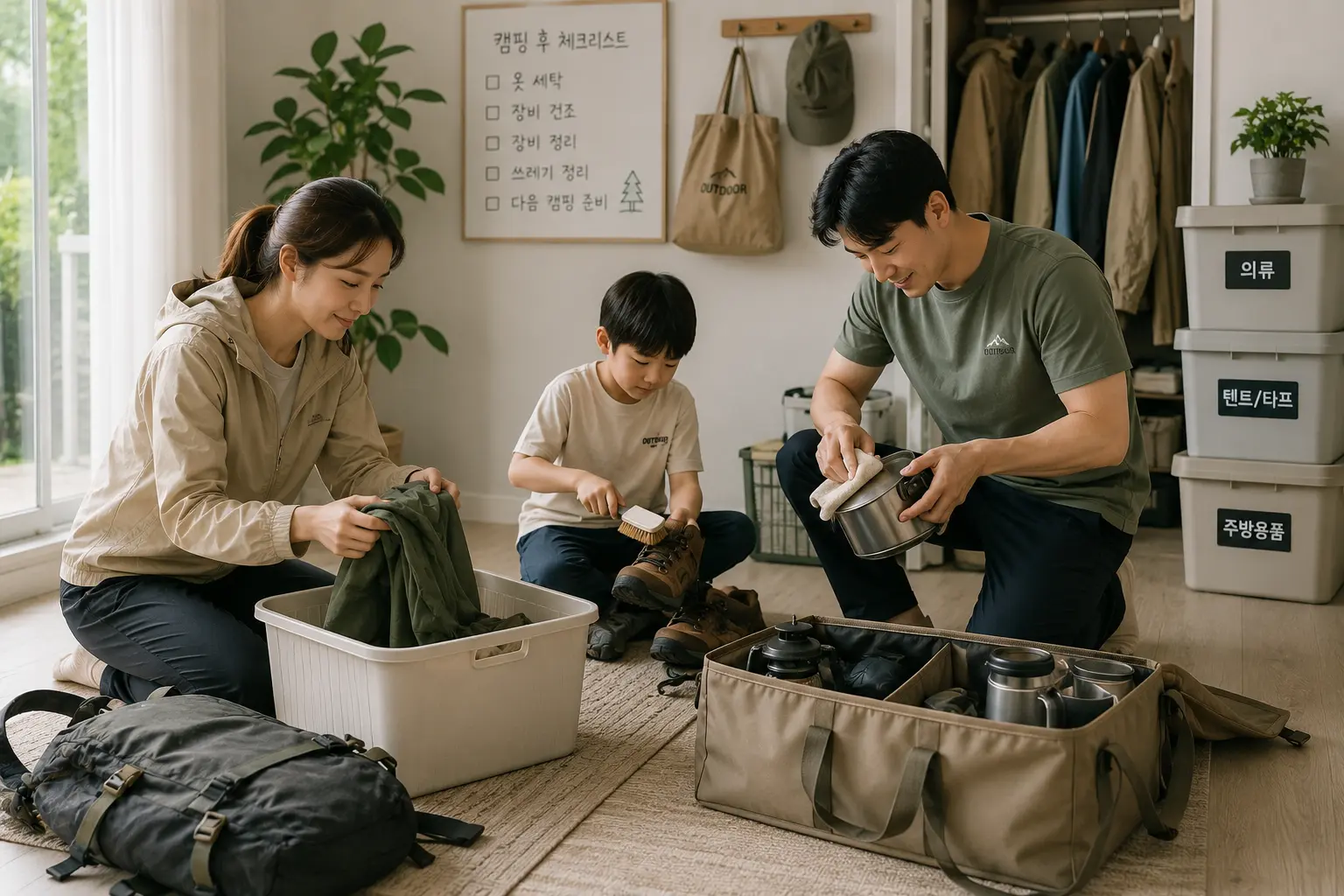 야외활동 후 장비를 정리하는 모습