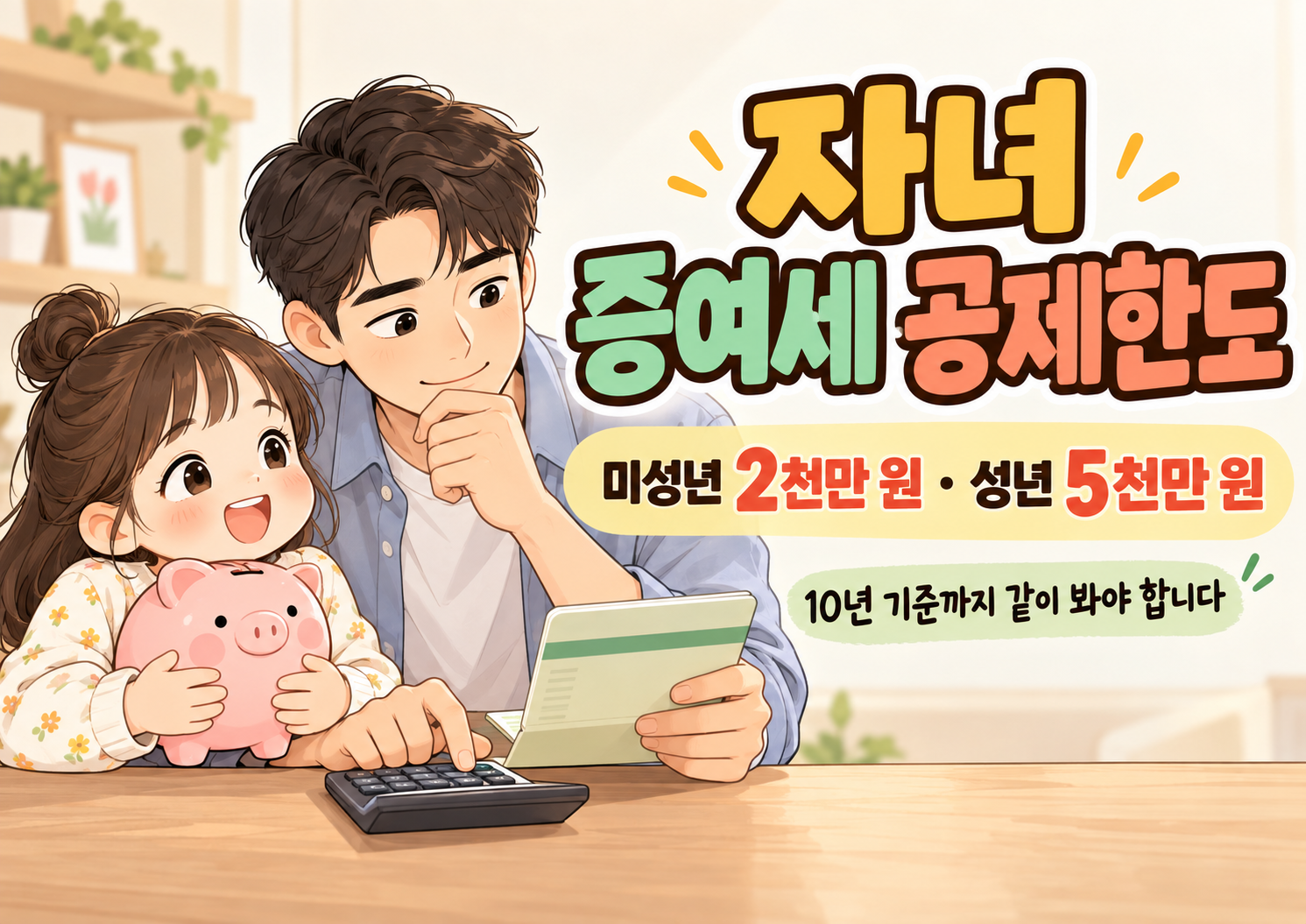 아빠가 딸의 미래 자산을 준비하며 자녀 증여세 기본공제 한도인 미성년 2천만원과 성년 5천만원을 확인하는 대표 이미지