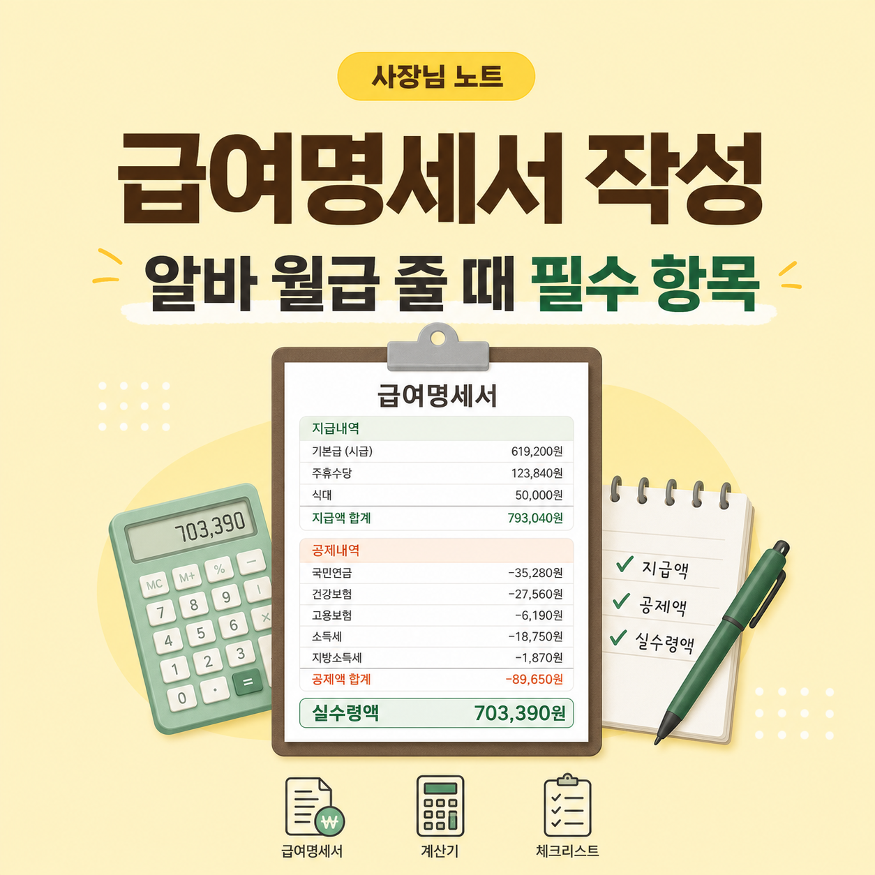작은 가게 사장님이 알바 월급을 줄 때 확인해야 할 급여명세서 필수 항목, 지급액, 공제액, 실수령액 기준을 정리한 대표 이미지