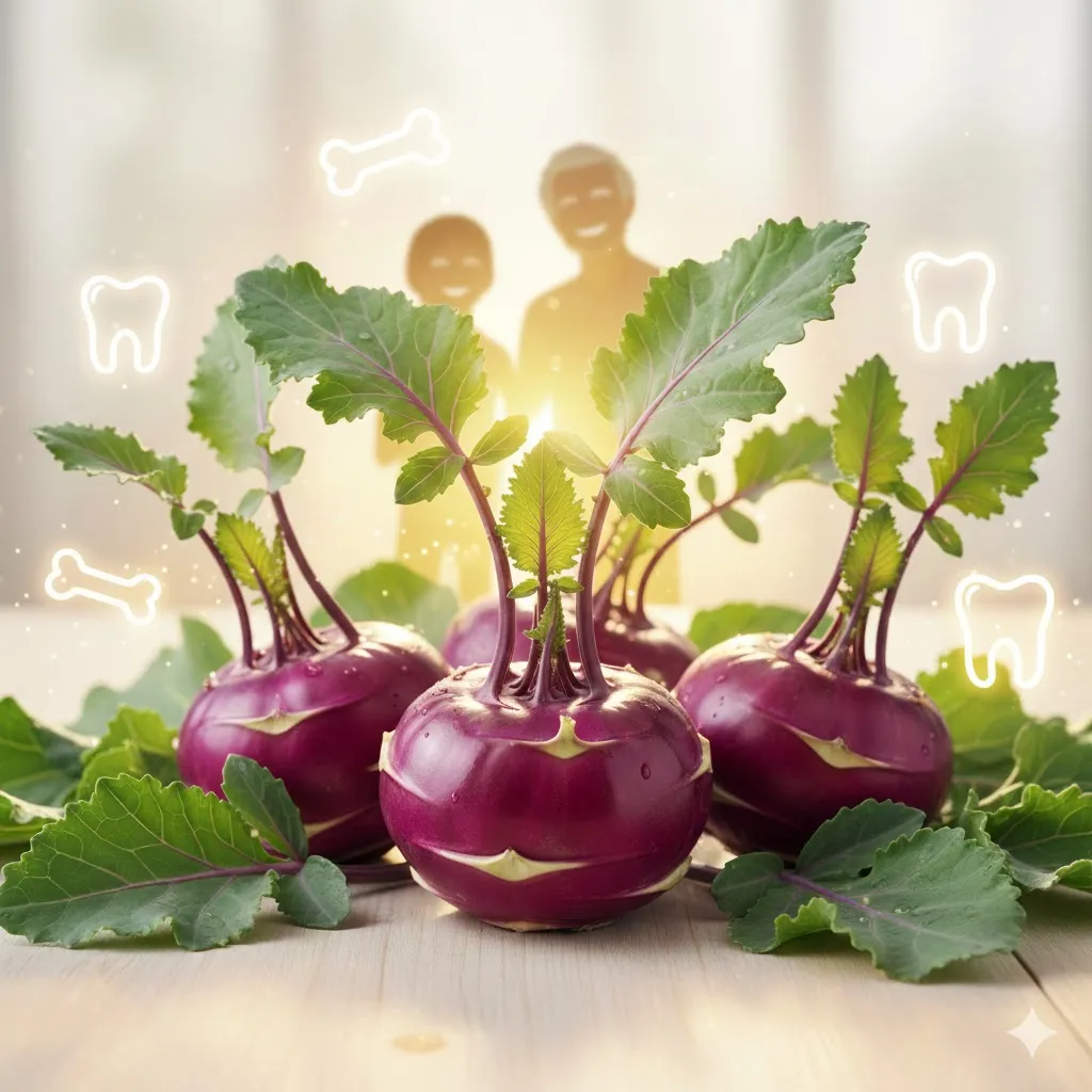 콜라비와 함께 튼튼한 뼈 모양의 아이콘&amp;#44; 그리고 환하게 웃는 건강한 치아 이미지가 조합되어 있습니다. 성장기 아이나 어르신이 콜라비를 먹고 만족하는 모습이 연상되도록 따뜻한 분위기를 연출합니다.