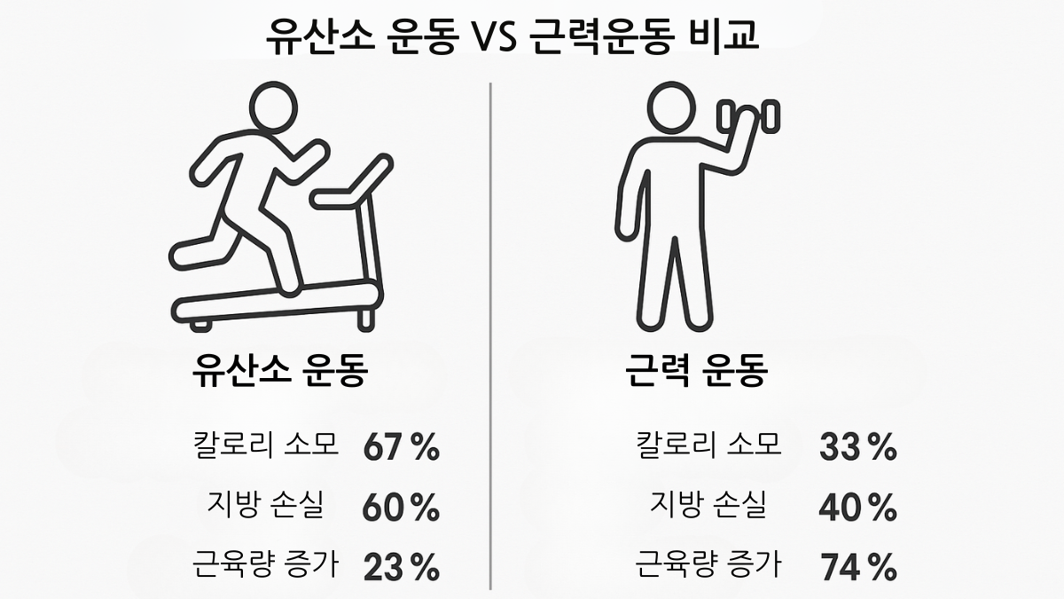 유산소 운동과 근력 운동의 체중 감량 효과 비교 인포그래픽