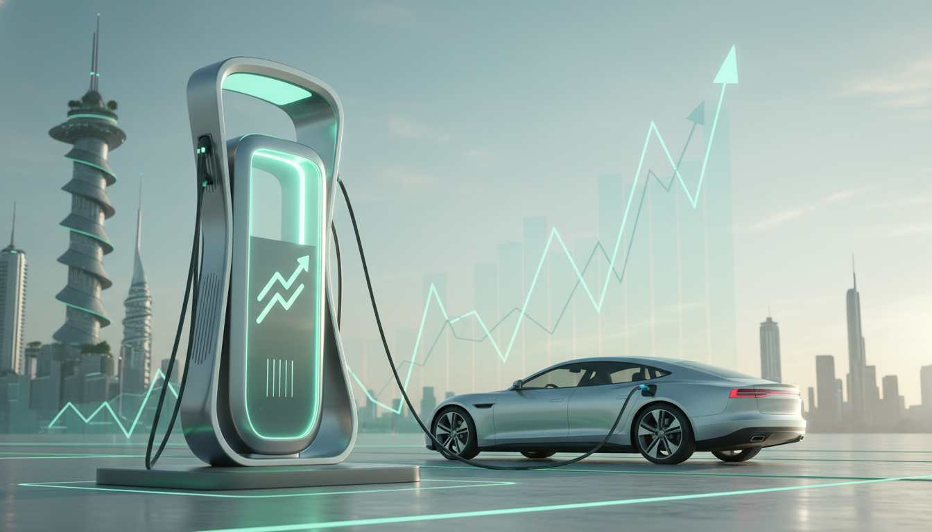 최신 전기차 충전소와 성장하는 투자 기회를 상징하는 이미지.