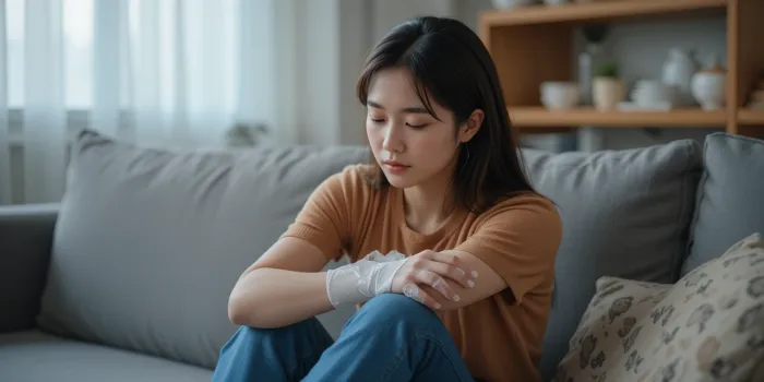 팔꿈치에 냉찜질하는 여성의 회복시간