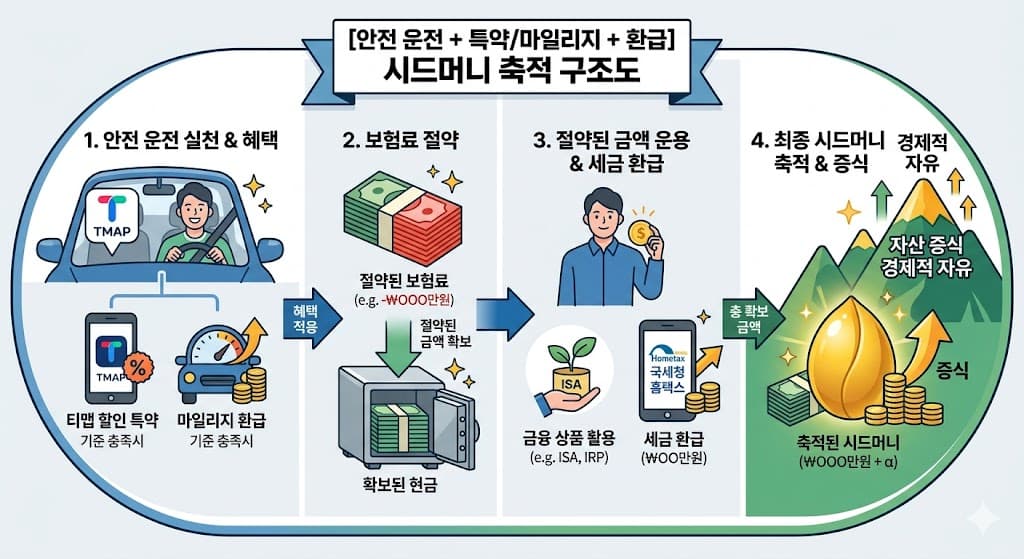 안전 운전을 통해 티맵 할인 특약과 마일리지 환급을 적용받고 절약된 보험료를 바탕으로 세금 환급을 받아 시드머니를 쌓아가는 구조도