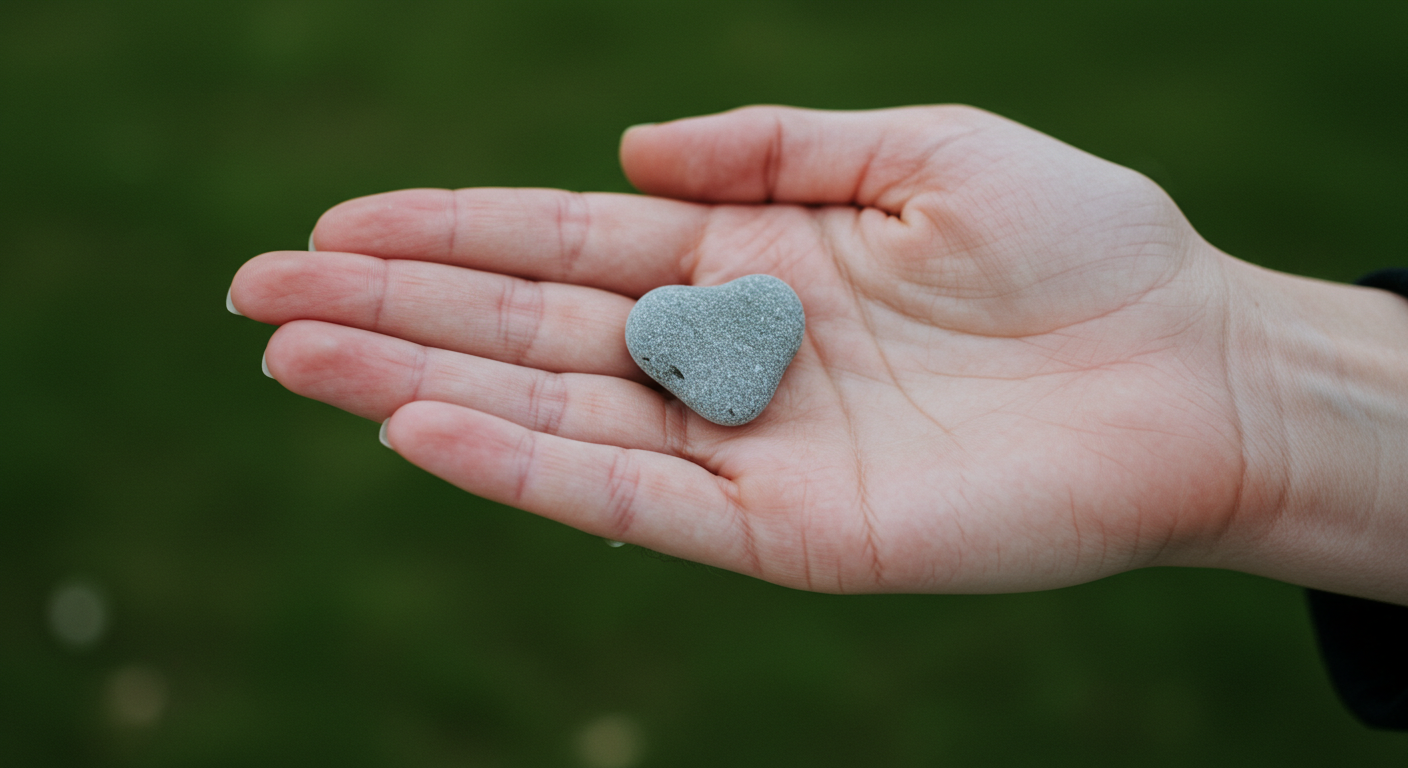 손바닥 위에 놓인 하트 조약돌, 결핍 속에서도 사랑이 가능하다는 따뜻한 상징