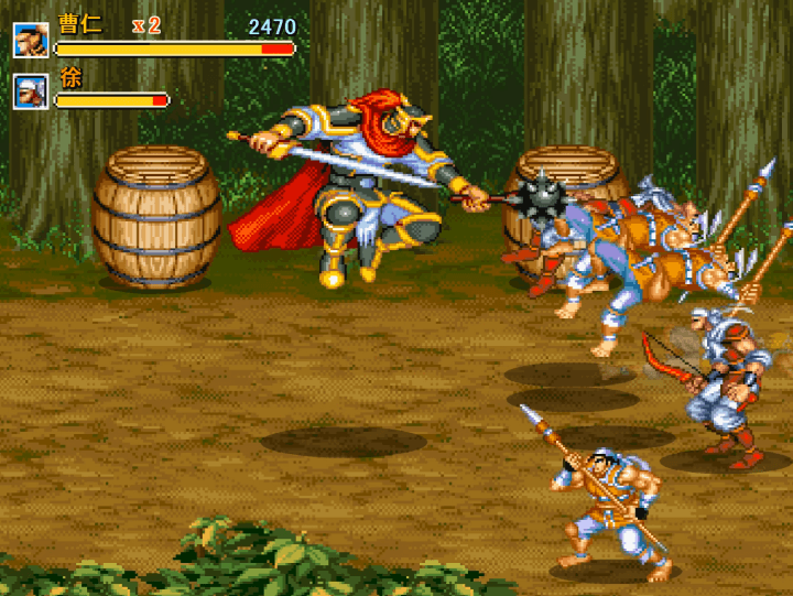 삼국지-조인전-플래시게임-플레이-장수-조인이-점프하여-철퇴로-적-병사를-내려치는-화면