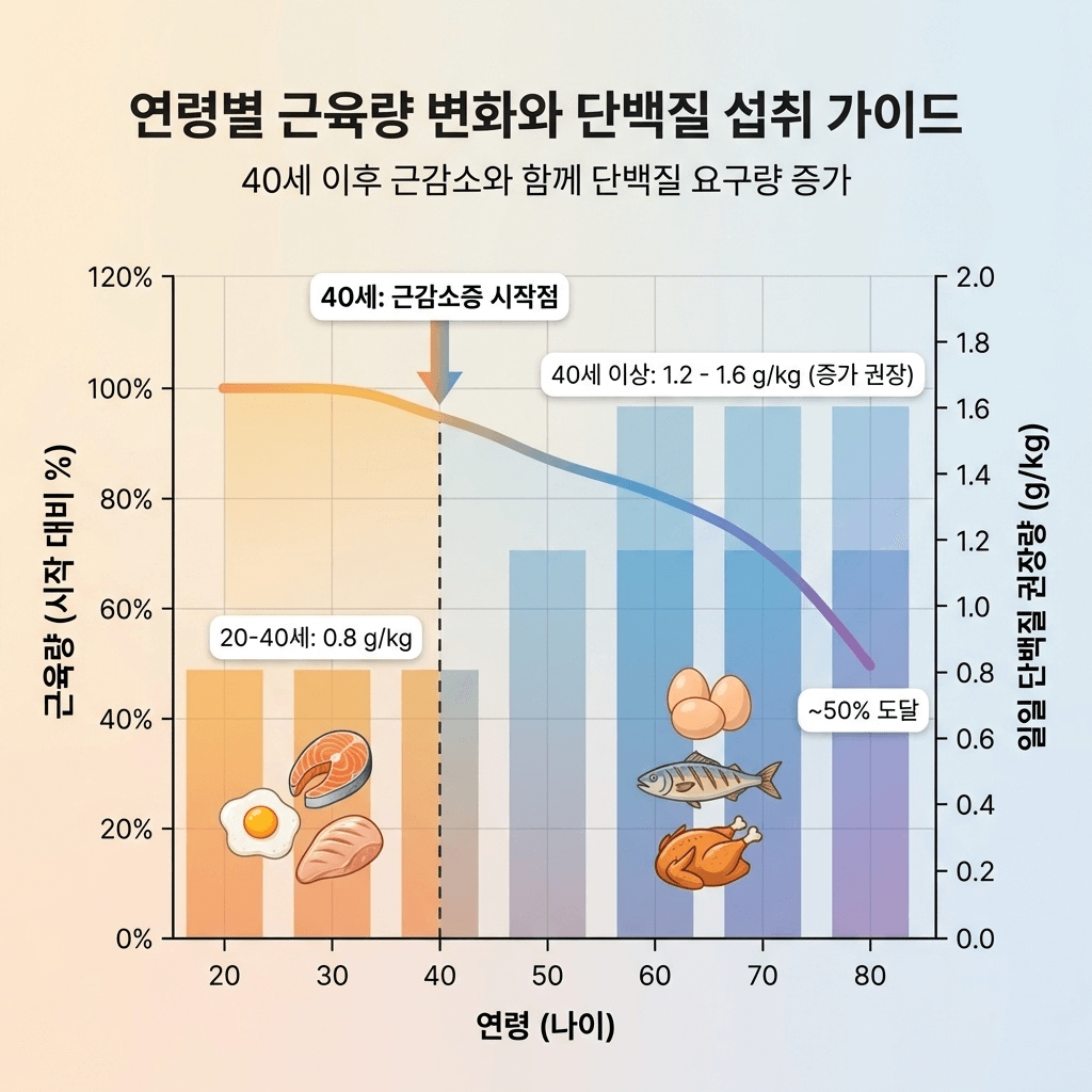연령대별 근량 감소 추이 및 단백질 필요량 비교