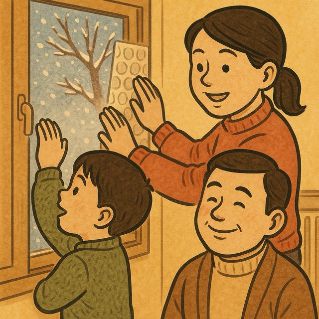 찬 바람을 막기 위해 창문에 뽁뽁이를 붙이는 가족과 함께 난방을 절약