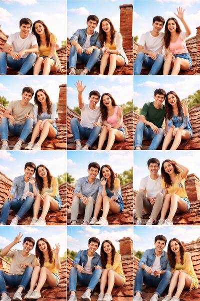 빨간 벽돌 지붕위에서 환하게 웃고 있는 청춘 남녀