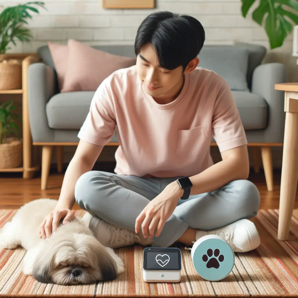 러그 위에서 낮잠 자는 반려견의 배를 살피며 걱정스러운 표정을 짓는 동양인 젊은 남성의 초고해상도 사진