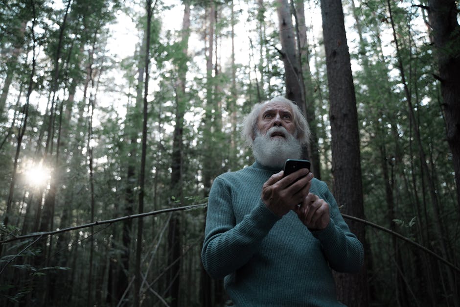 Senior man looking upwards in a forest, holding a mobile phone, surrounded by trees.