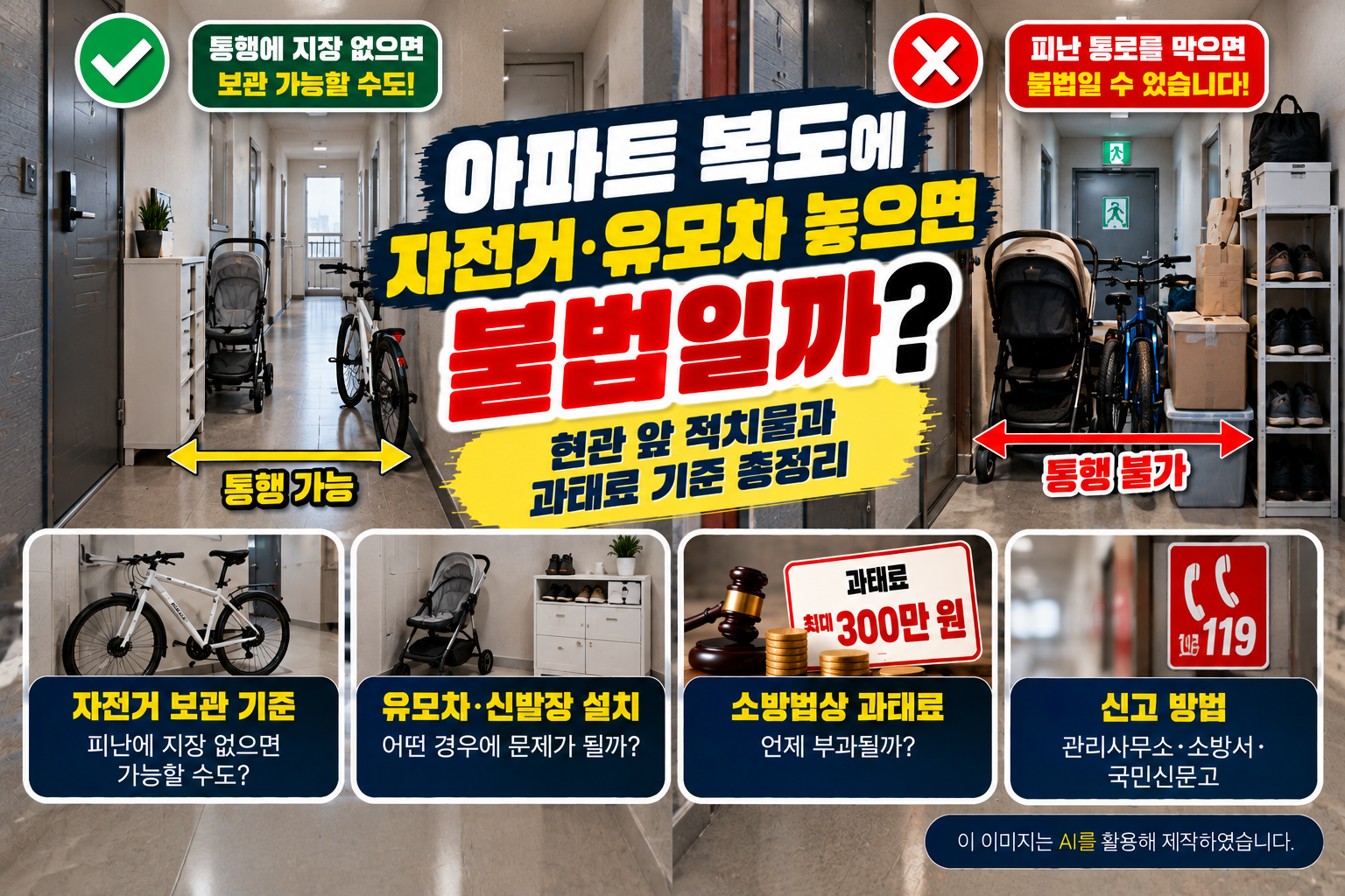아파트 공용 복도에 자전거·유모차·신발장 등을 놓은 모습을 비교하며, 피난 통로 확보 여부에 따른 적치물 허용 기준, 소방법 위반 시 최대 300만 원의 과태료, 관리사무소·소방서·국민신문고 신고 방법을 안내하는 이미지