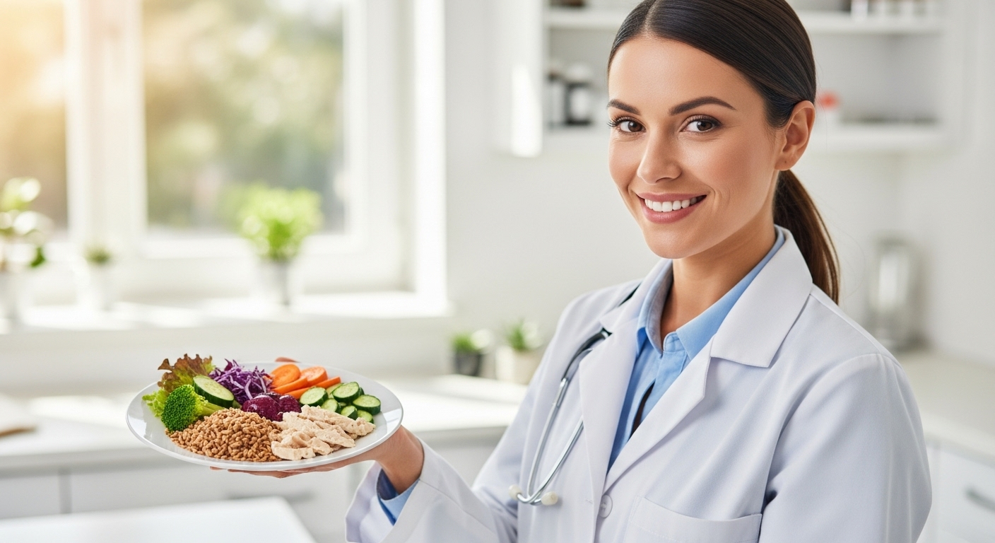웃는 약사가 통곡물, 채소, 단백질이 풍부한 건강한 식단을 권하는 모습
