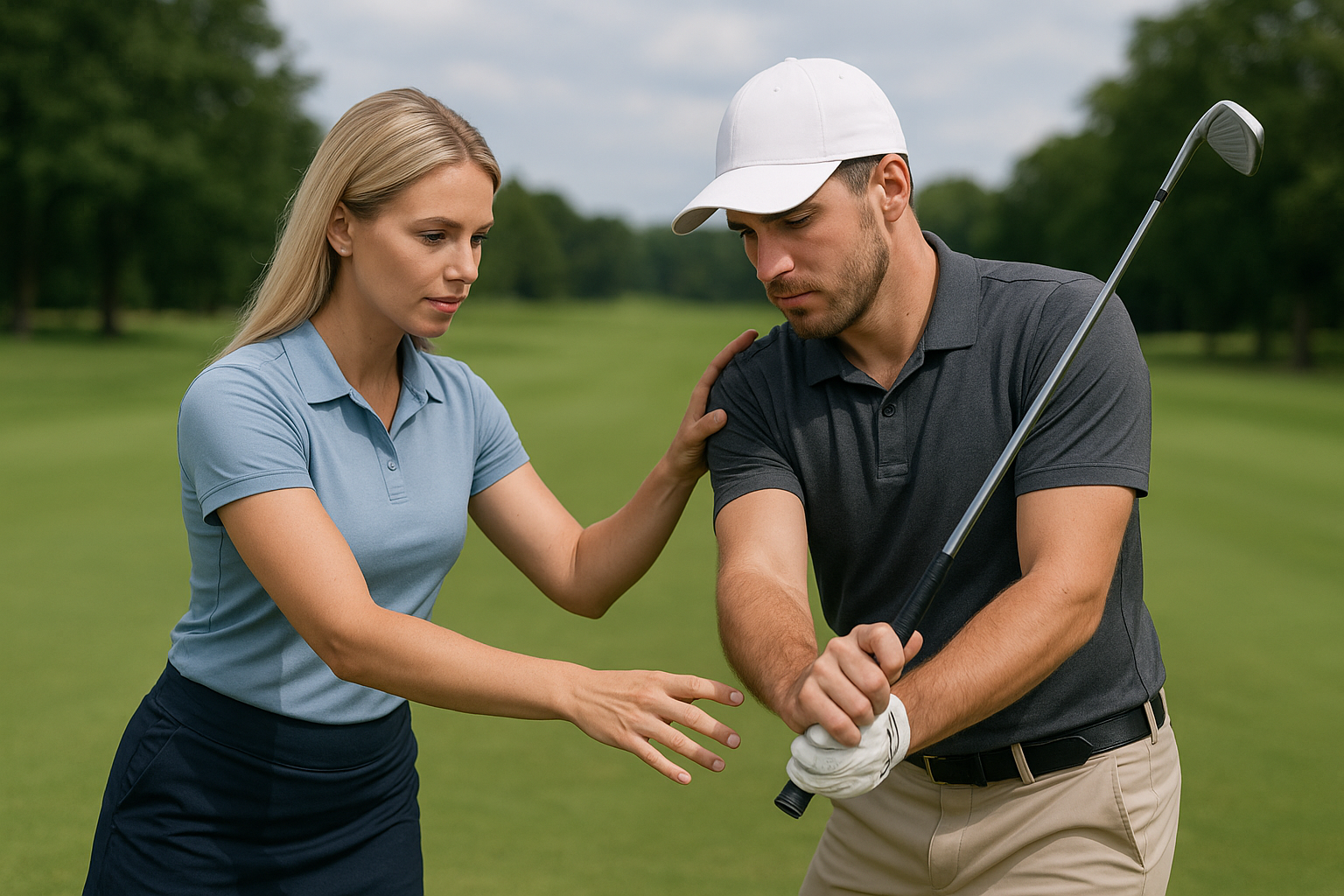 프로 골퍼 코치로부터 웨지 훅나지 않게 스윙하는 티칭 배우는 모습
