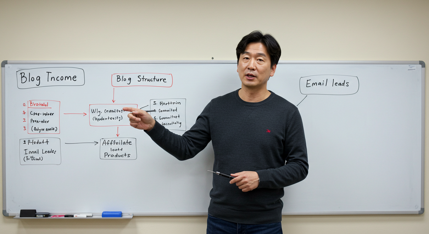 수익형 블로그 카테고리 구조를 화이트보드로 설명하는 장면
