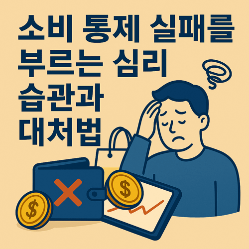 소비 통제 실패를 유발하는 심리적 습관과 대처법을 설명하는 썸네일 이미지로, 지갑에서 금화가 흘러나오고 고민하는 남성과 쇼핑백, 붉은 X 표시가 포함된 소비 패턴 일러스트