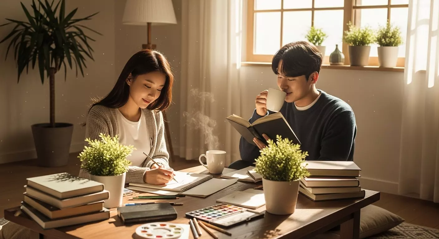 집에서 실내 취미 활동을 하는 장면