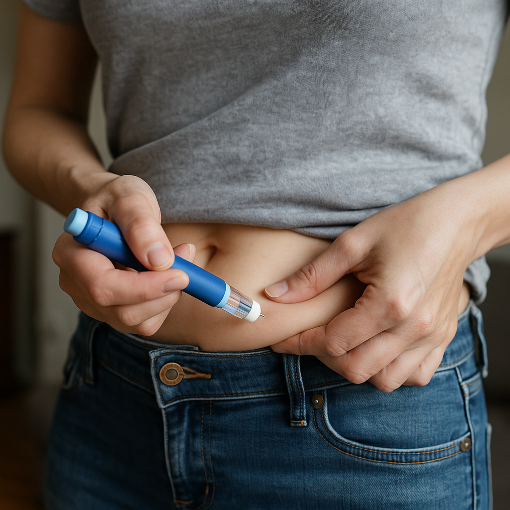 배에 스스로 주사를 놓고 있는 여자의 모습