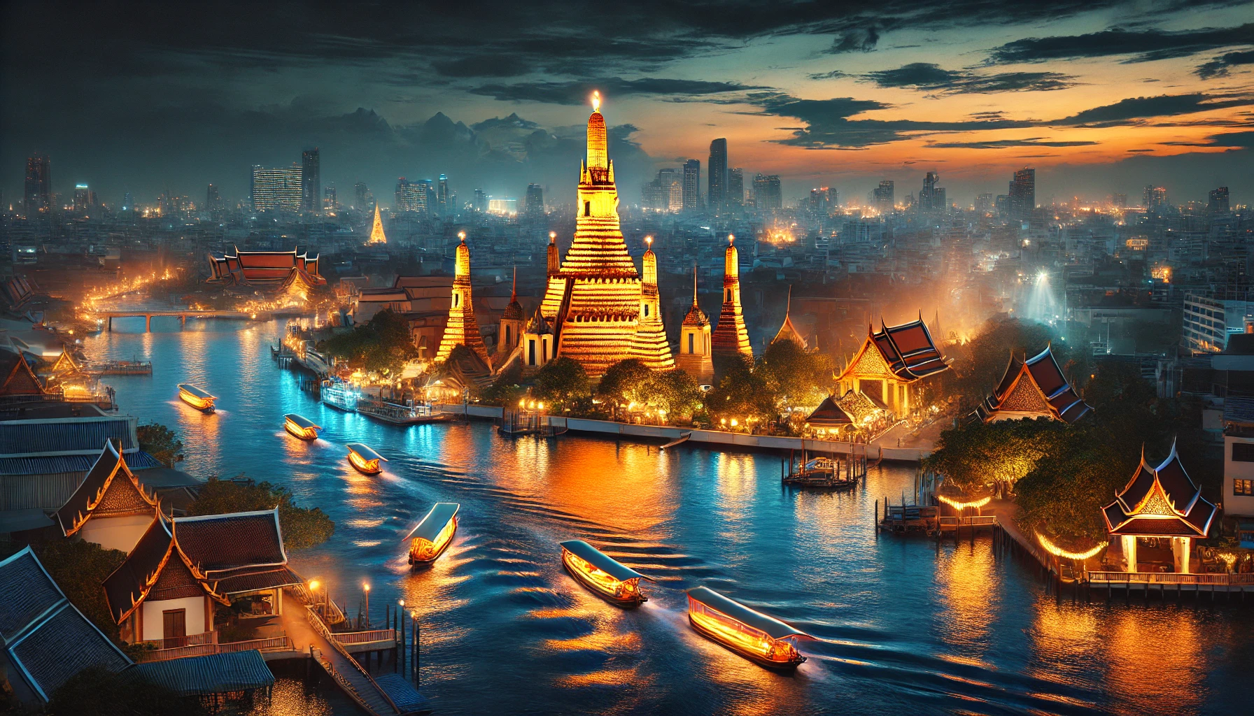 방콕의 야경과 사원이 어우러진 대표 이미지