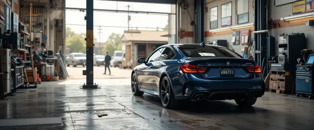 자동차 경고등을 바라보는 여성 운전자