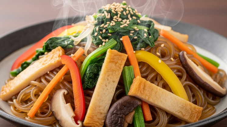 풍성한 어묵과 채소, 탱글한 당면이 어우러져 김이 모락모락 나는 먹음직스러운 잡채 한 접시