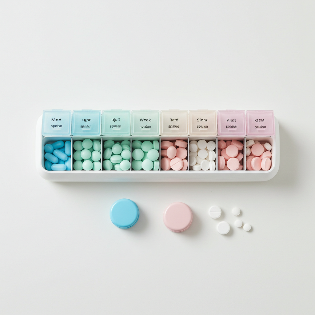 "흰색 배경 위에 놓인, 파스텔 톤의 요일별 칸마다 다양한 약이 깔끔하게 정리되어 있는 주간 약 보관함을 위에서 내려다본 모습"