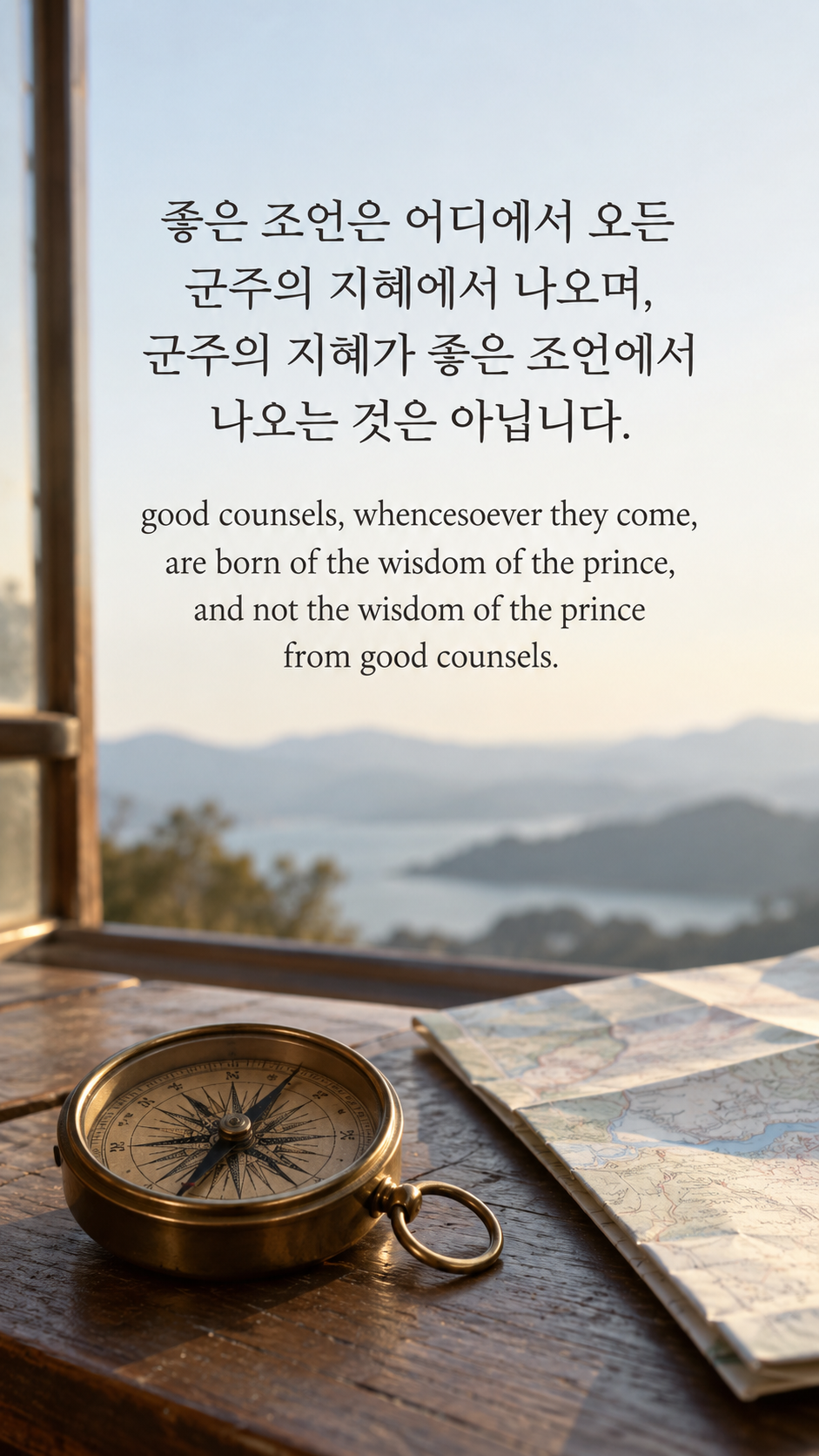 좋은 조언은 어디에서 오든 군주의 지혜에서 나오며, 군주의 지혜가 좋은 조언에서 나오는 것은 아닙니다. — 나침반과 접힌 지도